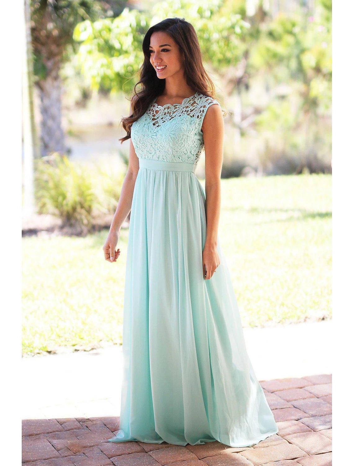 Wholesale A-Line Bridesmaid Dress Jewel Neck Sleeveless Elegant Floor Length Chiffon / Lace with Sash / Ribbon / Pleats